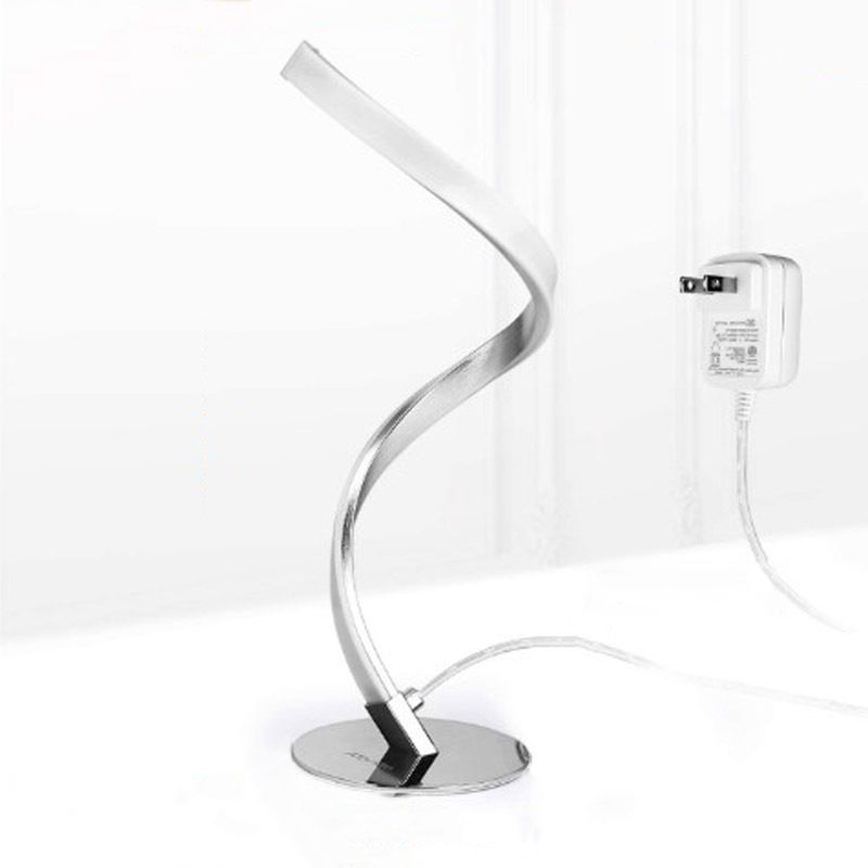 Spiral Shaped Metal Table Lighting Minimalist Single Bulb Silver LED Nightstand Lamp