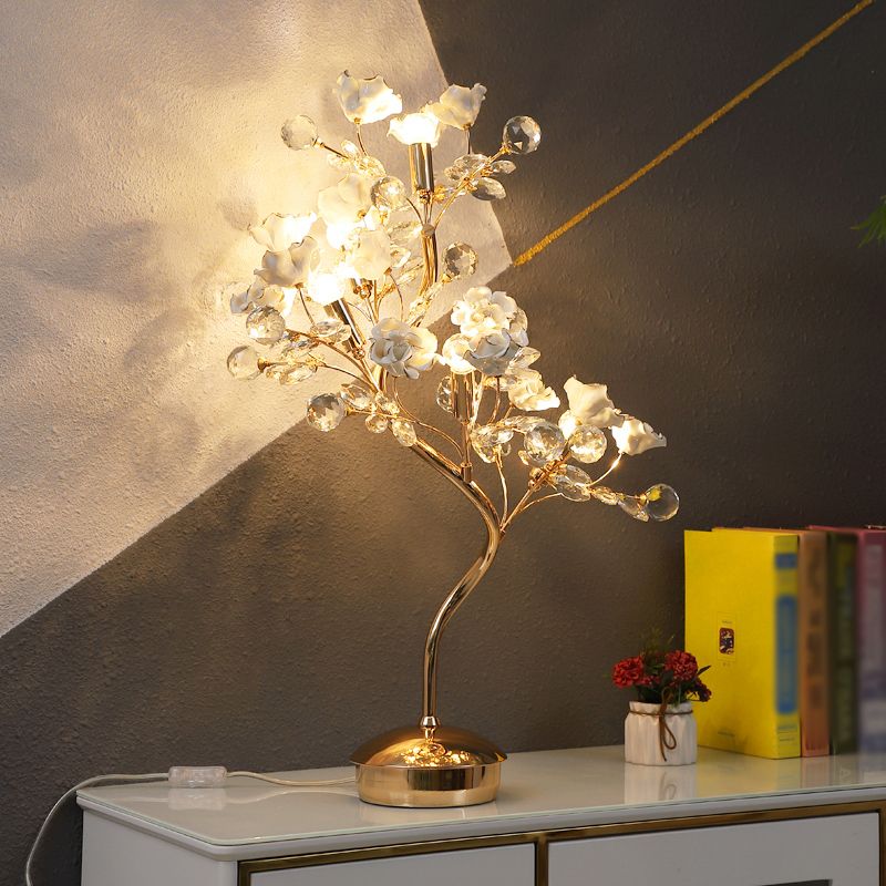 Lámpara de mesa de 5 cabezas Garden coreana Rose Cerámica Night -mesas iluminación con acentos de cristal