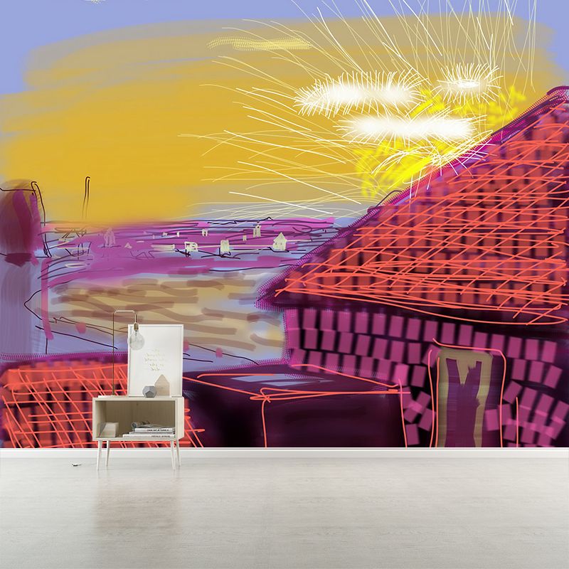 Farmhouse Sunset Scene Mural Wallpaper Artistry Smooth Wall Decoration in Purple-Yellow