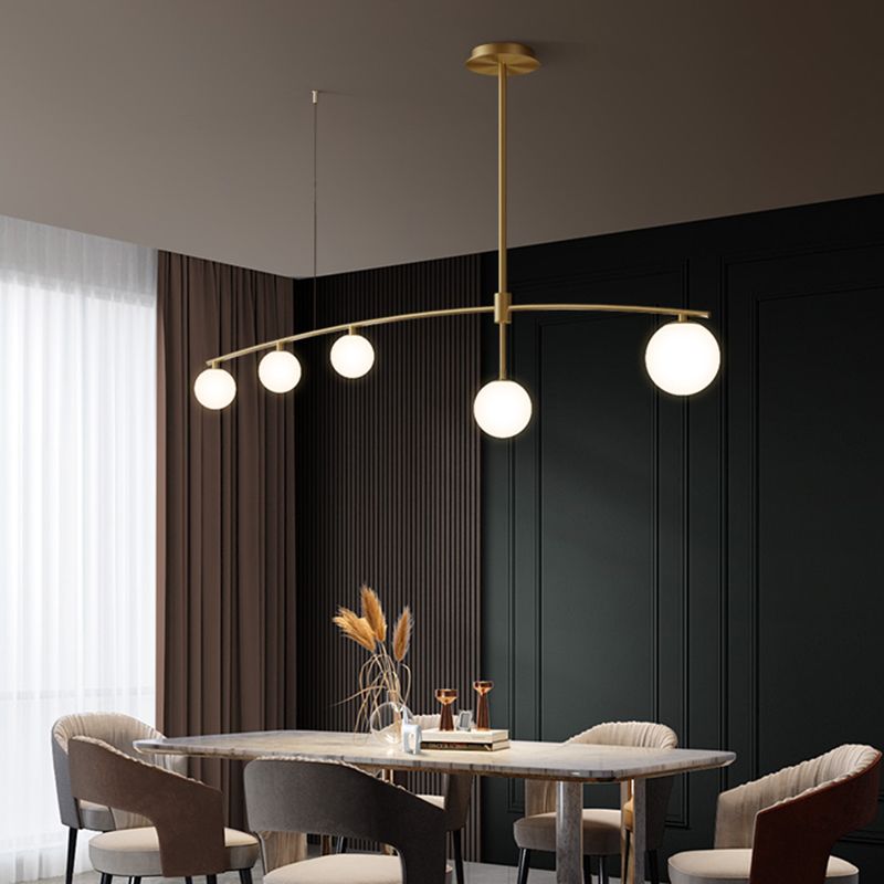 Postmodern Orb Shaped Hanging Lamp Frosted White Glass Island Pendant Light in Gold