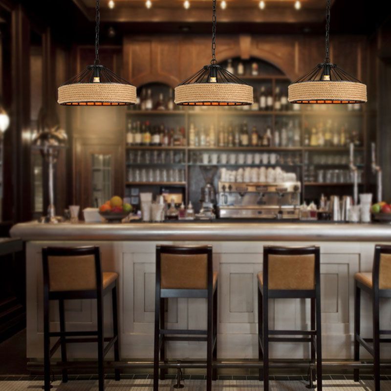 Geometric Rope Pendant Light Fixture Retro-Style Restaurant Pendant Ceiling Light in Beige