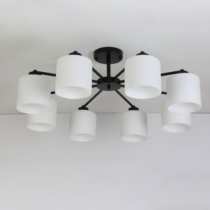 Cylinder Shaped Bedroom Ceiling Lighting Rustic Opal Glass Black Finish Chandelier Light