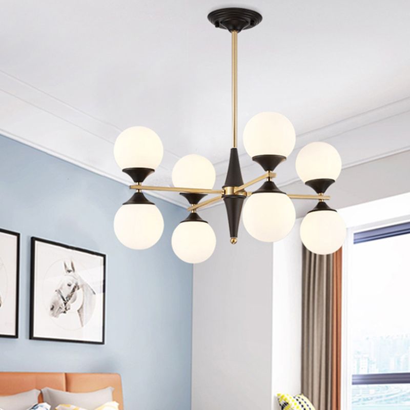 Globe Chandelier Post-modern White Glass Living Room Hanging Light in Black and Gold
