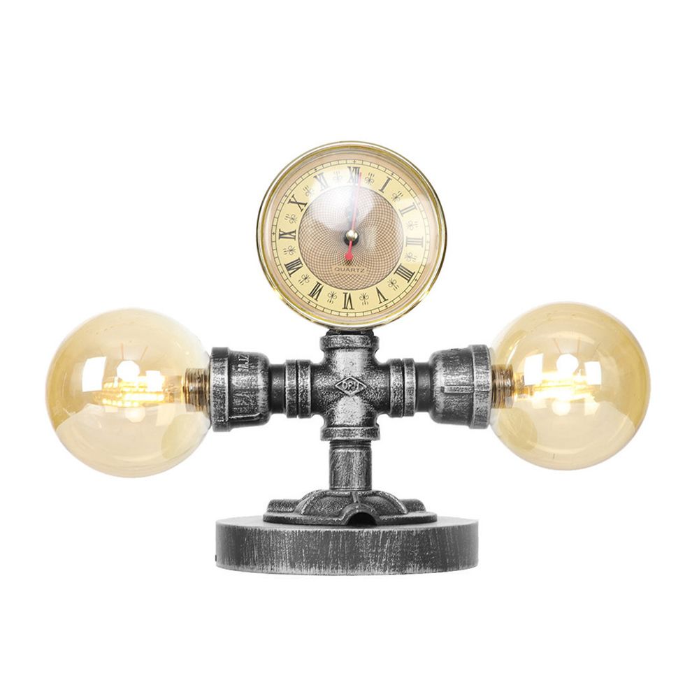 Lámpara de mesa industrial con pantalla redonda, 2 luces, luz de escritorio de vidrio transparente/ámbar en plata antigua con base