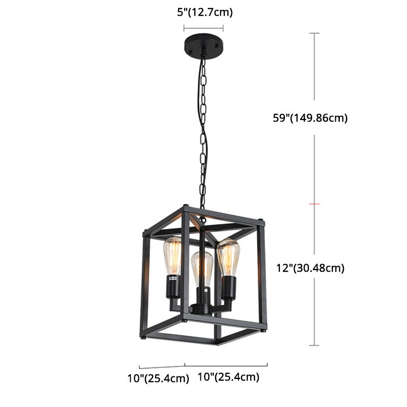 Black Cage Hanging Lamp Industrial Retro Metal Diner Pendant Chandelier in Square Shape