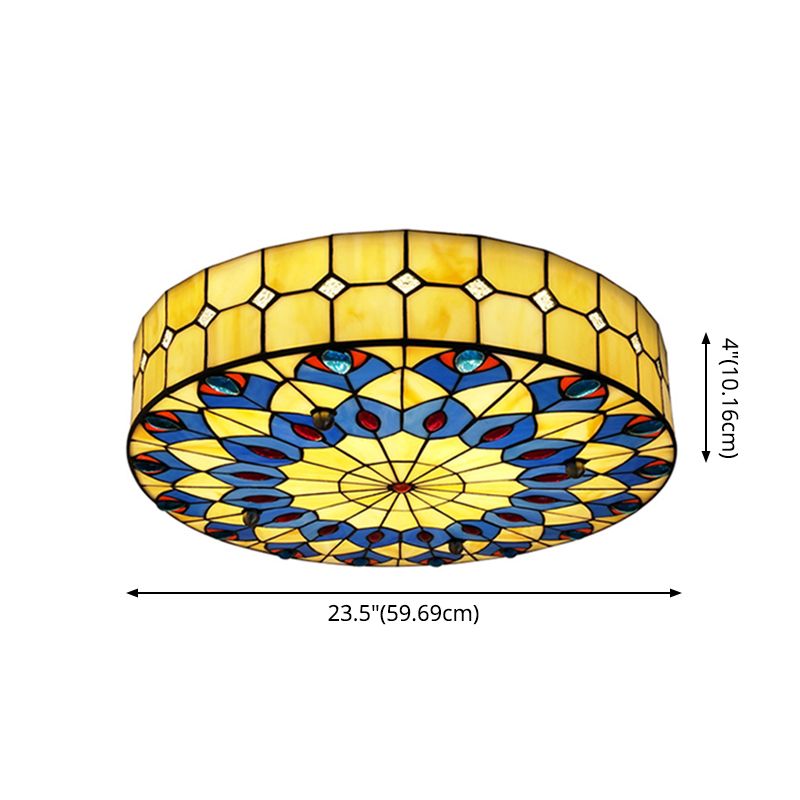 Drum Ceiling Mount Light Mediterranean Stained Glass Flush Mount Fixture for Bedroom