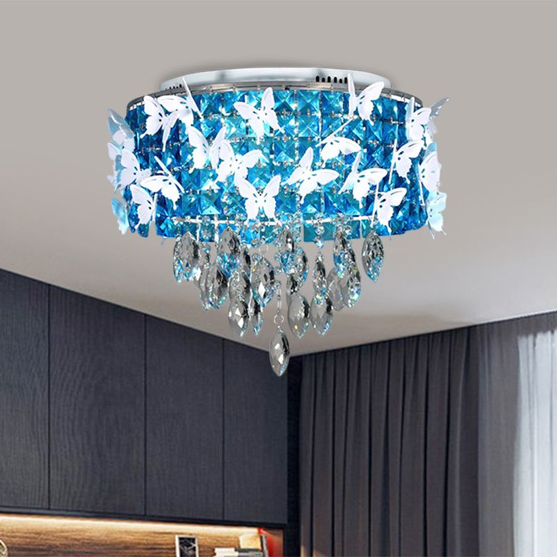Drum Clear/Amber/Lake Blue Crystal Flush Mount Contemporary Silver LED Ceiling Fixture with Butterfly Deco in Warm/White Light