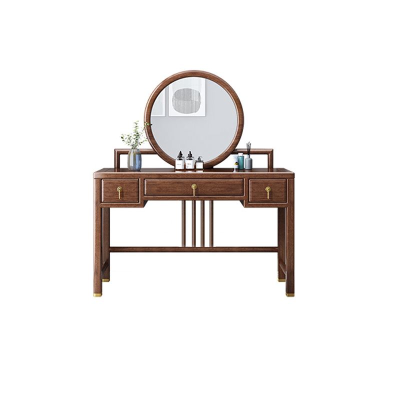 Traditional 3 Drawers Walnut Wood Mirrored Makeup Table Desk Vanity in Brown