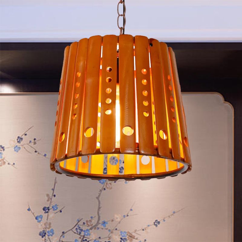 Barrel Pendant Light Fixture Modern Wood 1 Light Dining Room Hanging Light in Brown