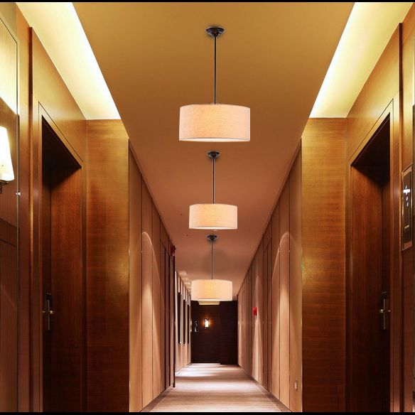 Restaurant Hanging Lamp Fixture Modern Minimalist Pendant Light with Drum Fabric Shade