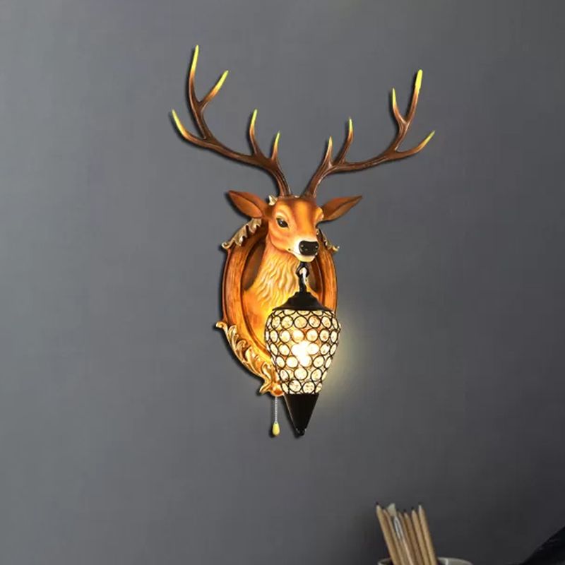 16"/18.5" W Rustic Droplet Sconce Lamp 1 Bulb Crystal Wall Mounted Light in Silver/White/Wood with Deer Resin Backplate