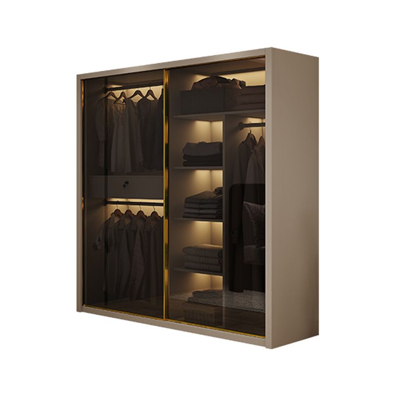 Glass and Wood Wardrobe Cabinet Sliding Wardrobe Armoire without Light