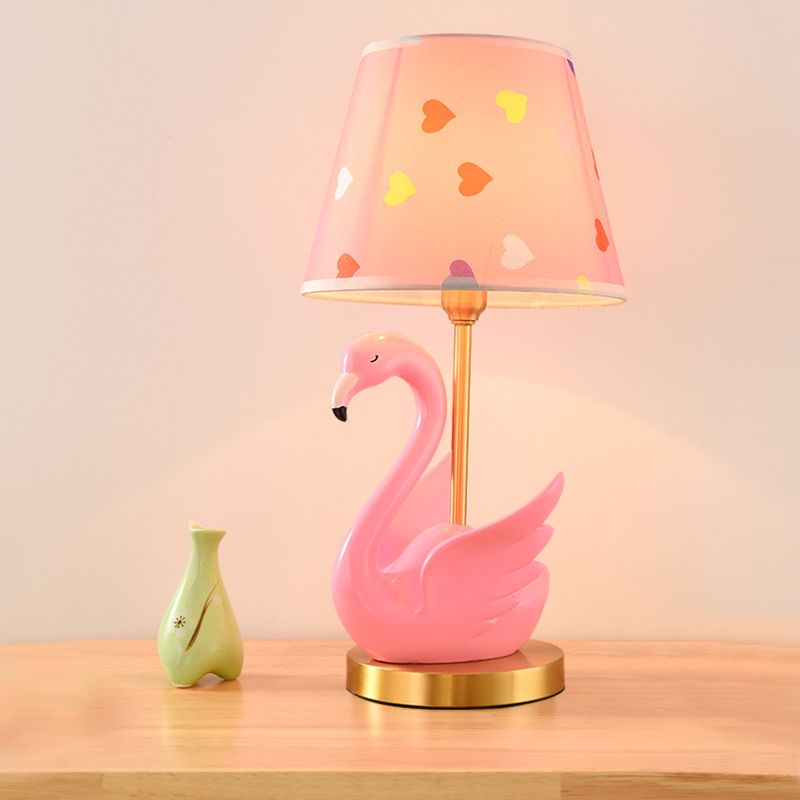 Bucket Shade Patterned Fabric Nightstand Lamp Kids Style Single Table Lighting with Decorative Swan