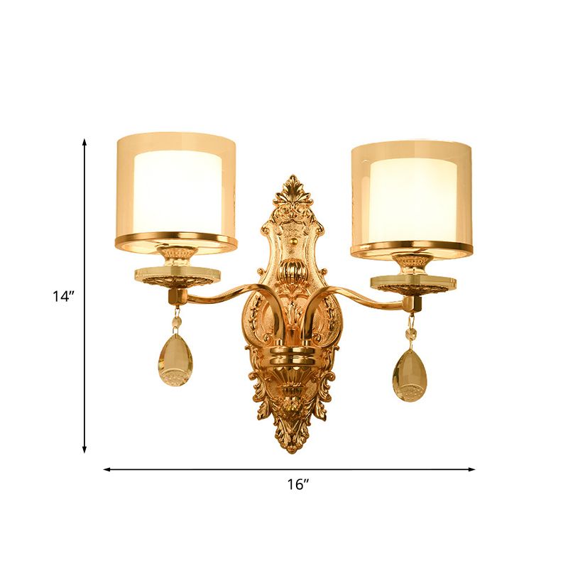 Mid-Century Cylinder Sconce Light 2 Heads Clear and Frosted Glass Wall Lamp in Gold with Crystal Drop