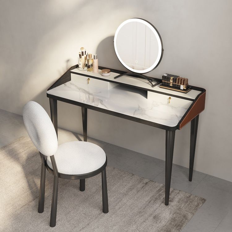 Stone Top Double Drawers Straight Feet Dresser Black Vanity Desk