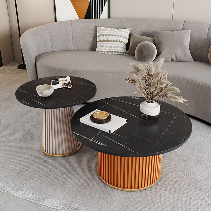 Modern Slate Solid Coffee Table Iron Round Cocktail Table in White/Black