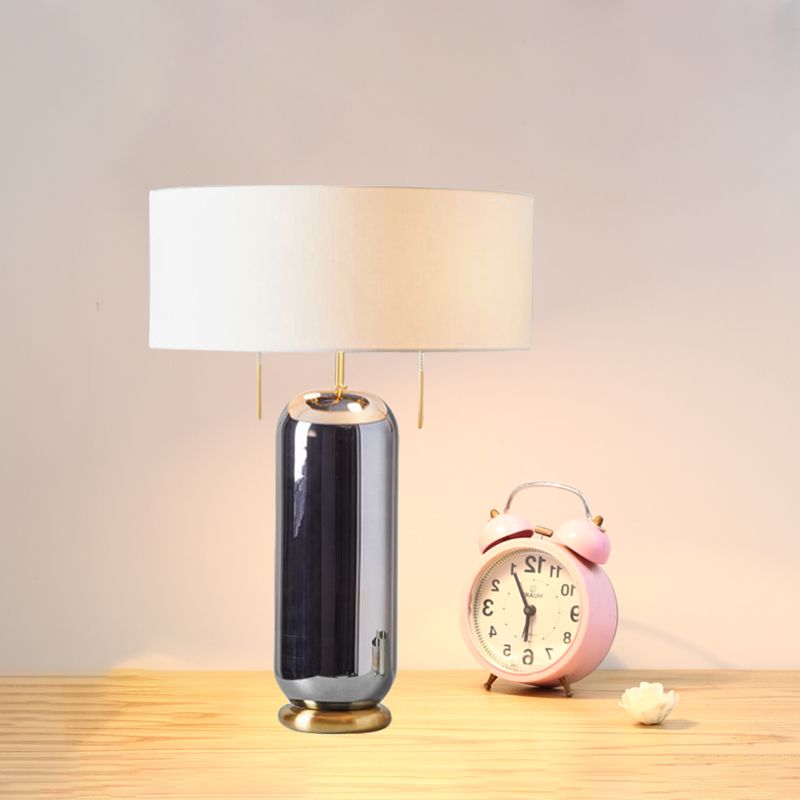 Lampe de nuit en verre en miroir ovale vintage 1 table de table de bulbe avec une nuance de tissu rond en blanc