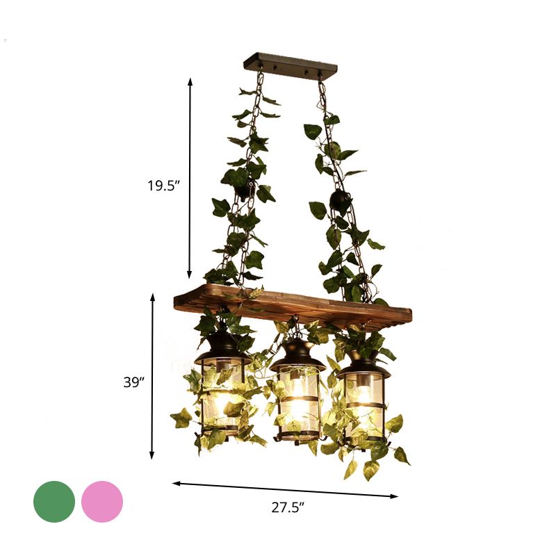Lantern Restaurant Island Ceiling Light Retro Wooden 2/3 Heads Pink/Green LED Drop Lamp with Plant/Flower Decor