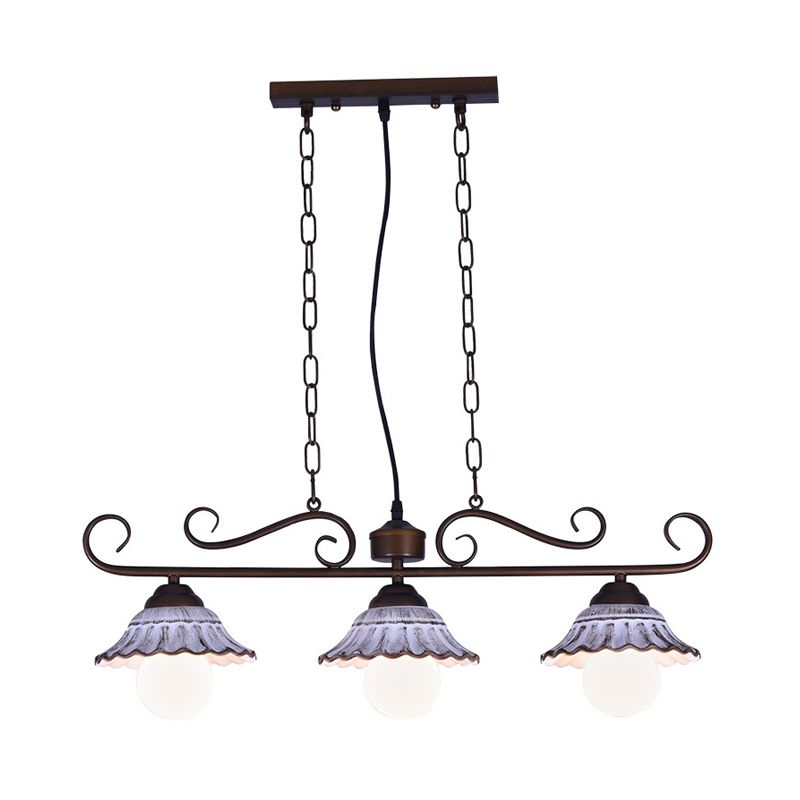 3-Light Twisting Island Pendant Lamp Korea Style Coffee Metal Hanging Light with Scalloped Bell Ceramics Shade