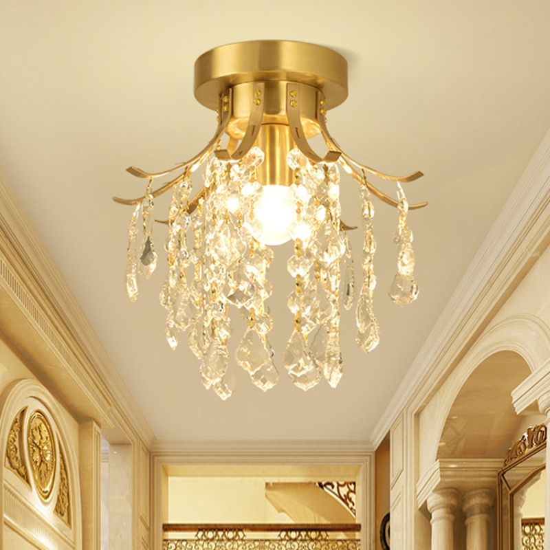 Raindrop Semi Flush Mount Light Postmodern Metal 1 Light Brass Corridor Ceiling Light with Crystal Accent