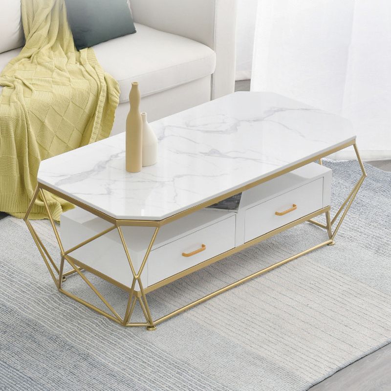 Modern Slate Geometric Coffee Table Gold Metal Frame Coffee Table with Storage