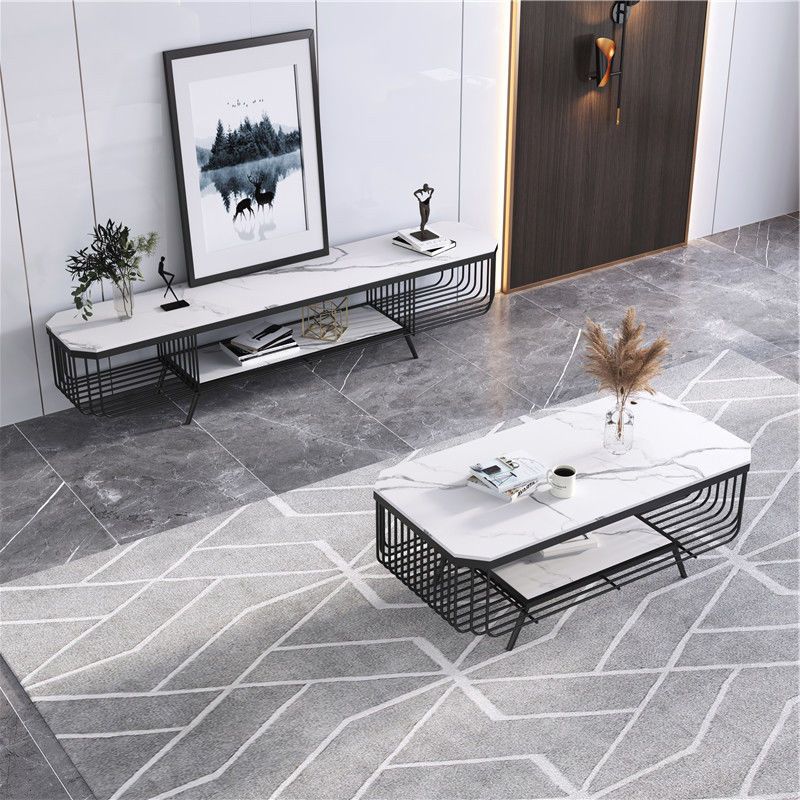 17.7" H Glam Rectangle Slate Coffee Table Iron 4 Legs Cocktail Table with Shelf