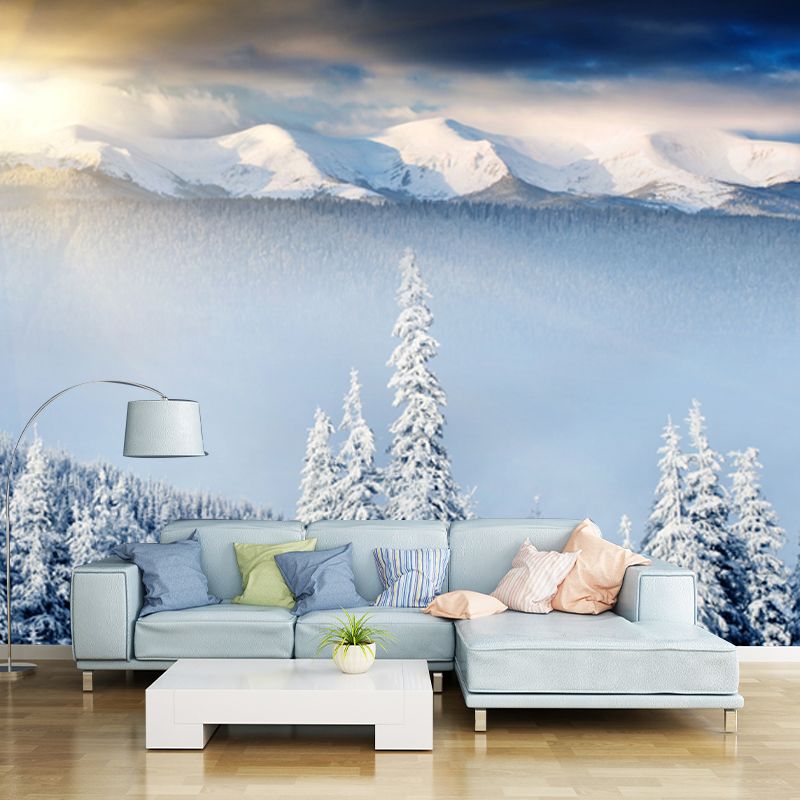 Morning Snowy Landscape Wall Mural Decal White Contemporary Wall Art for Bedroom