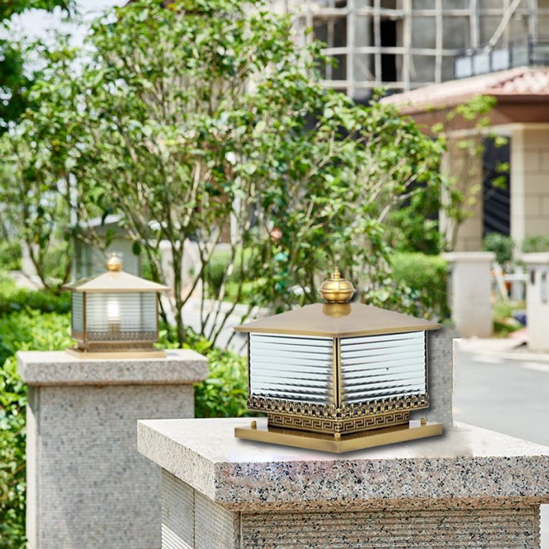 Square Shape Metal Pillar Lamp Modern Style 1 Light Waterproof Outdoor Light in Brass