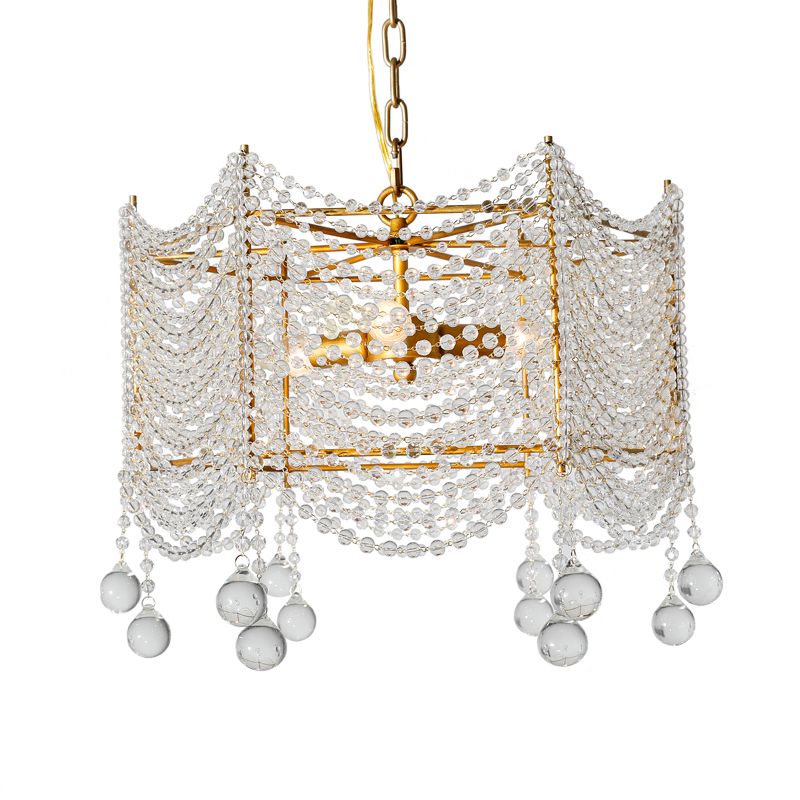 Retro Style Scalloped Suspension Light 3 Bulbs Crystal Bead Chandelier Light in Silver