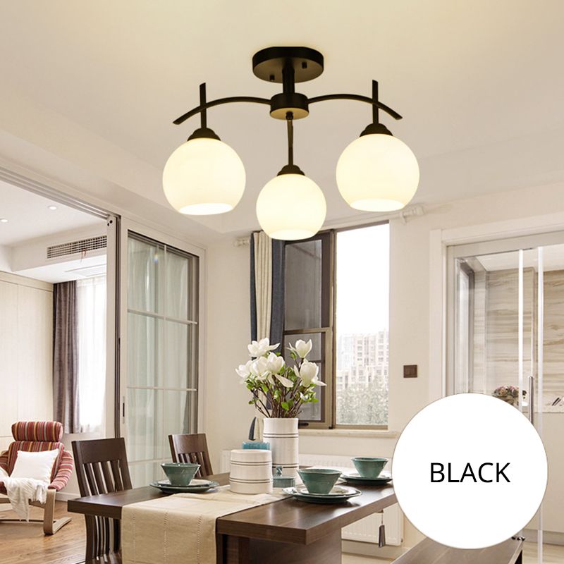 Plafonnier satellite artificiel classique traditionnel en fer forgé semi - encastré avec abat - jour en verre blanc