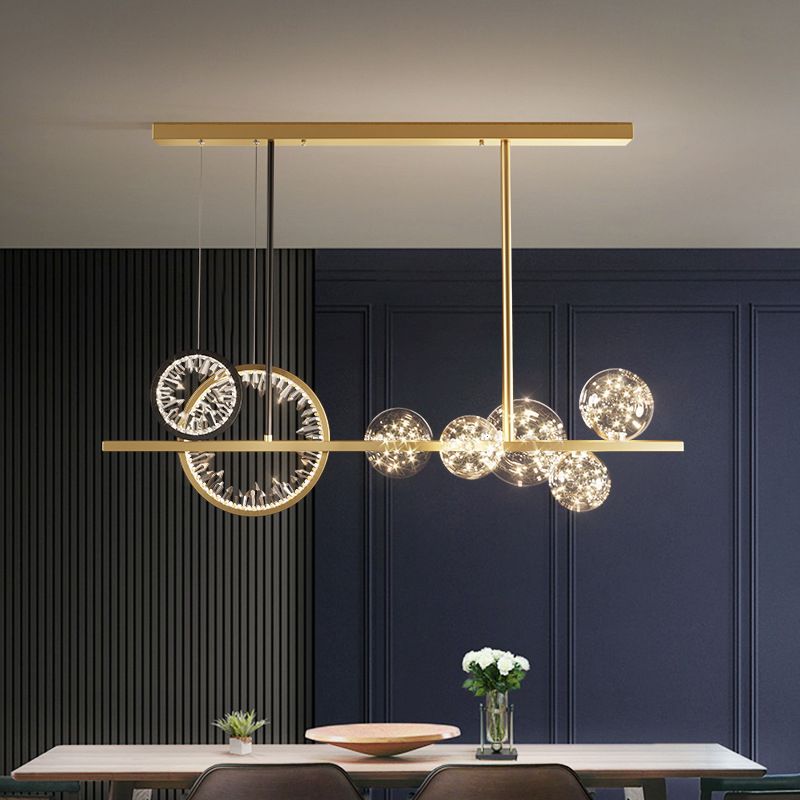 Glass Spherical Island Light Modern Gold LED Hanging Light with Crystal Accents