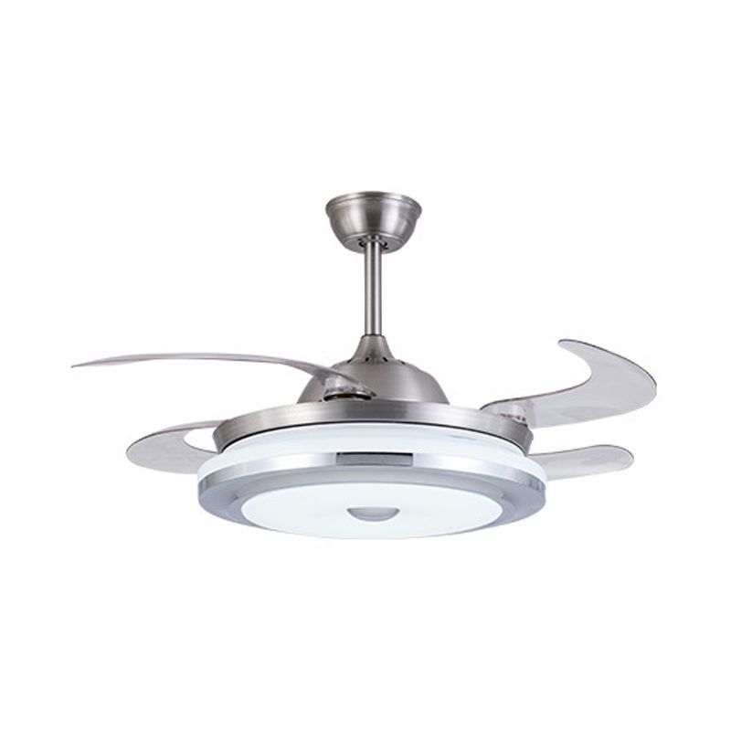 Cirkel acryl plafondventilator licht modernistisch 36 "W led woonkamer semi -flush mount in zilver met 4 messen, afgelegen/muurregeling/afstandsbediening en muurregeling