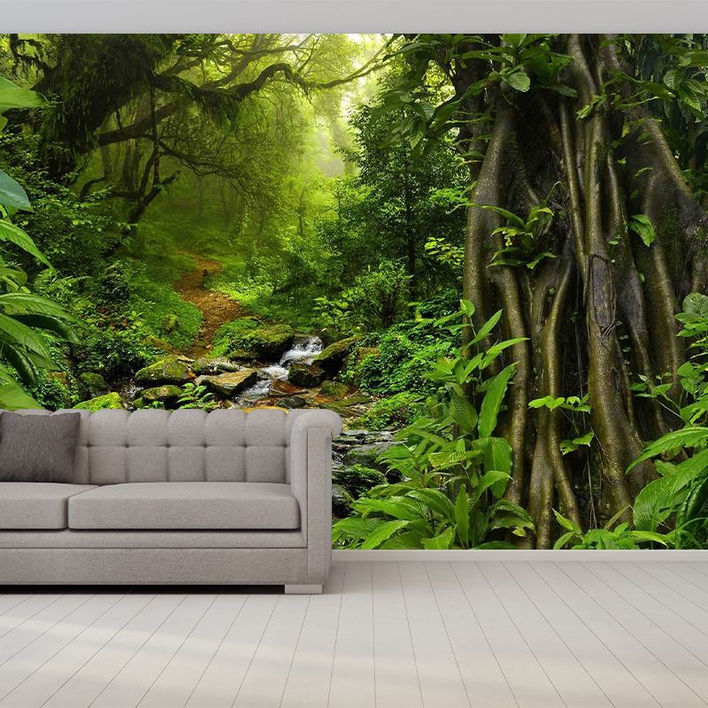 Green Contemporary Wall Art Personalized Size Deep Forest Mural Wallpaper for Dining Room