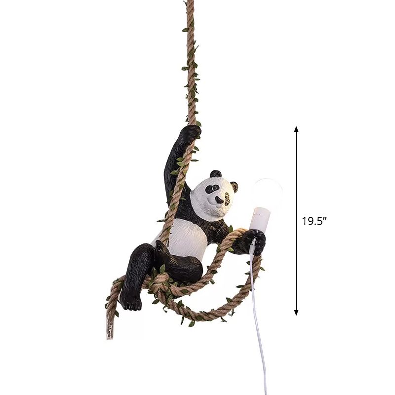 White and Black Panda Hanging Lamp Artistic 1-Bulb Rope Pendant Ceiling Light for Restaurant