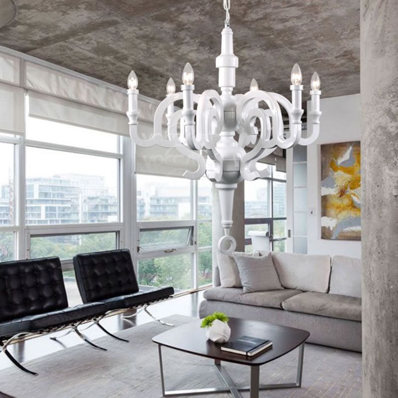 White Candelabra Chandelier Light Antique Metal 6 Bulbs Living Room Pendant Light Fixture