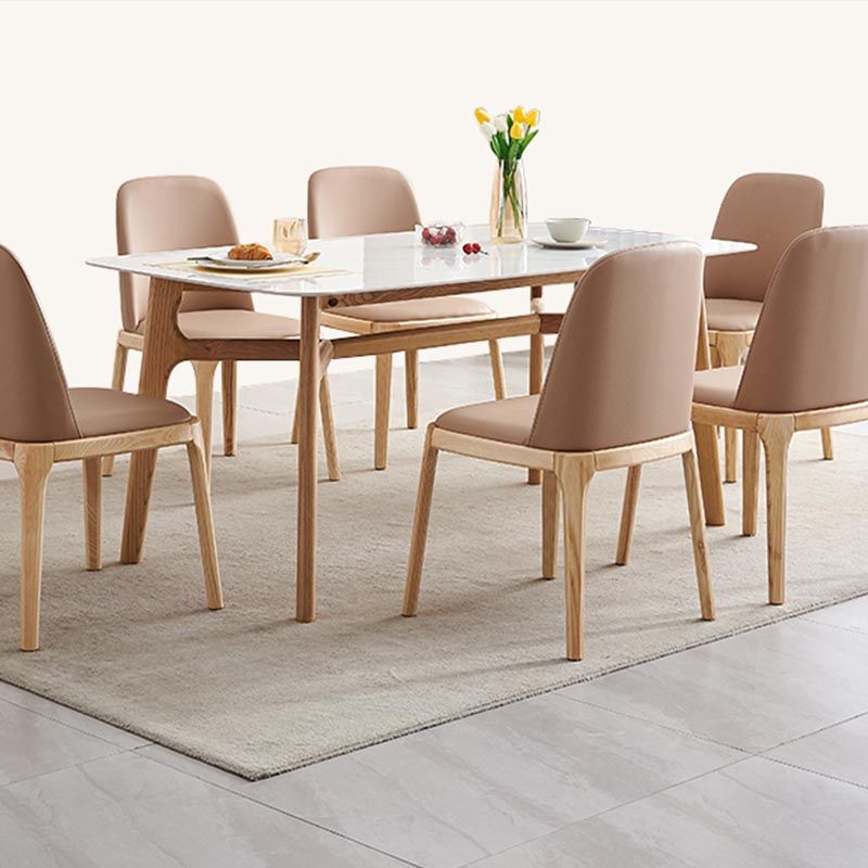 Modern White Stone Top Dinner Table Rectangle Natural Finish Legs Dinette Table