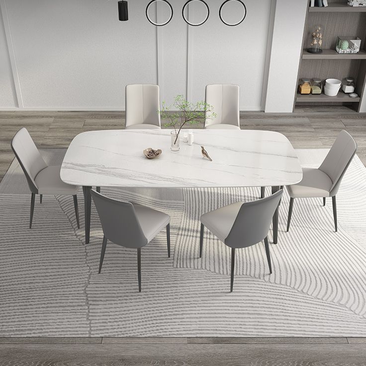 White Contemporary Rectangular Stone Dining Table with Steel Base