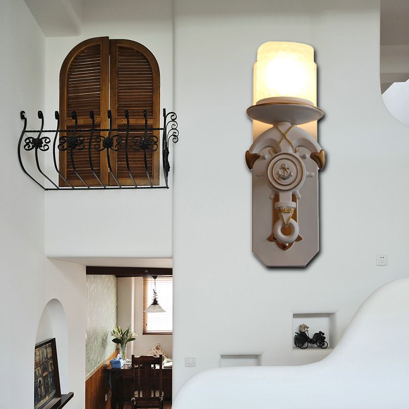 1 Head Indoor Wall Sconce Lamp Nautical Style Blue/White Wall Lighting with Cylinder Opal Glass Shade and Anchor Design