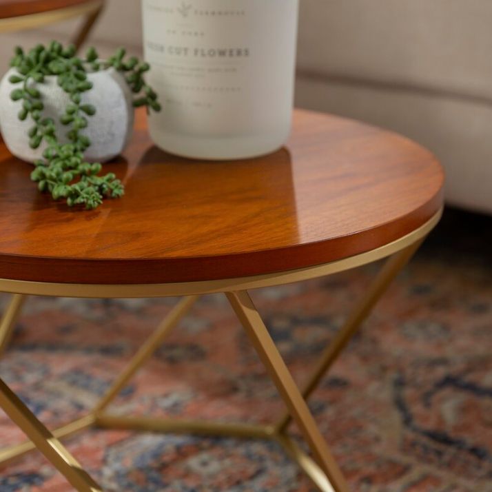 Modern Round Wood Frame Coffee Table Brown Finish Cocktail Table
