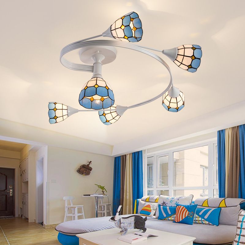 Floral Swirl Semi Flush Light Blue-White Glass Mediterranean Ceiling Light for Living Room