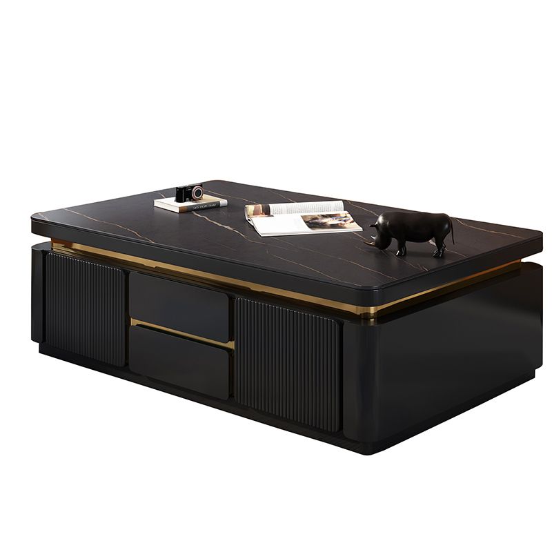 Wooden Block Cocktail Table with Drawers Glam Slate Top 4-Door Coffee Table