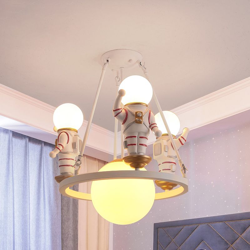 Cartoon Astronaut Chandelier Light Resin Child Room Pendant Light Fixture with Acrylic Shade in White