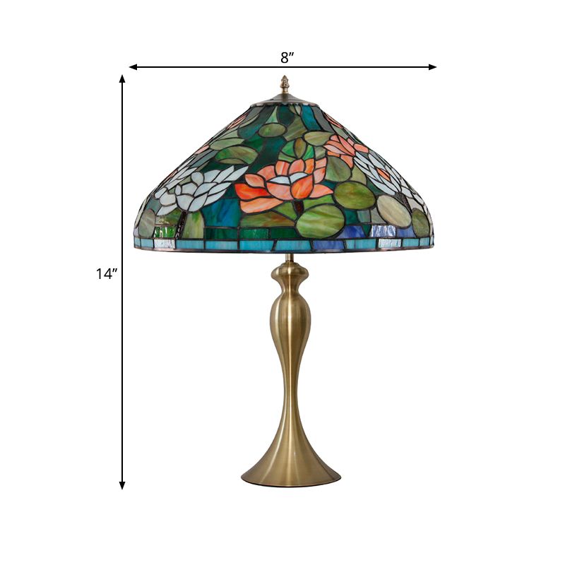 1 Kopf Nachtlicht Vintage konische mehrfarbige Buntglas-Schreibtischlampe mit Lotusmuster in Messing