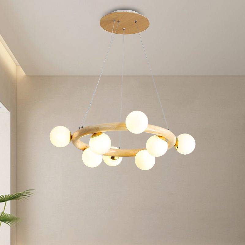 Beige wereldwijde plafondlamp modern 8/10 bollen matglas hanger kroonluchter met hout cirkelvormig ontwerp
