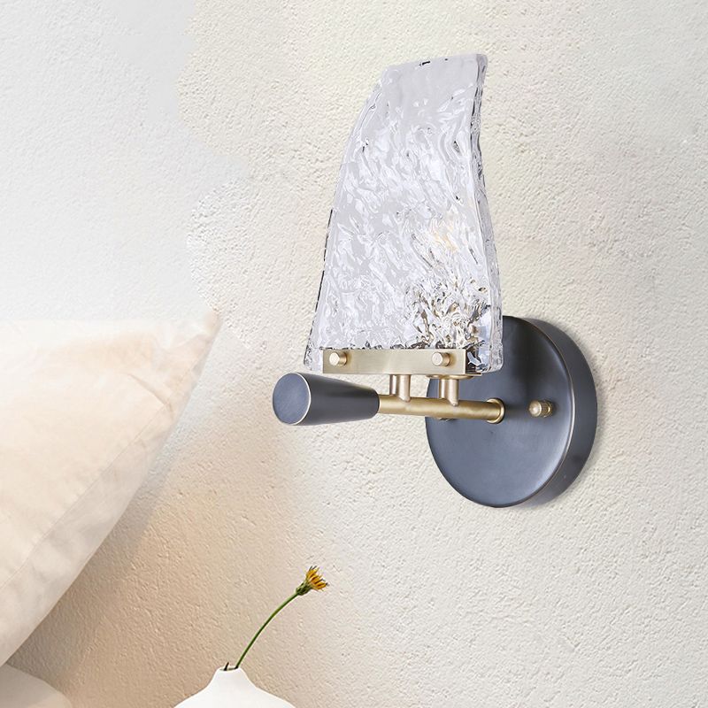 Textured Glass Sail Ship Wall Light Minimalist Novelty 1 Bulb Black Sconce Fixture for Bedroom