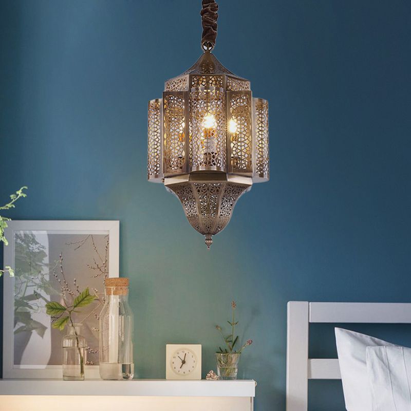 Brass Lantern Suspension Lamp Arab Metal 3-Bulb Restaurant Chandelier Pendant Light