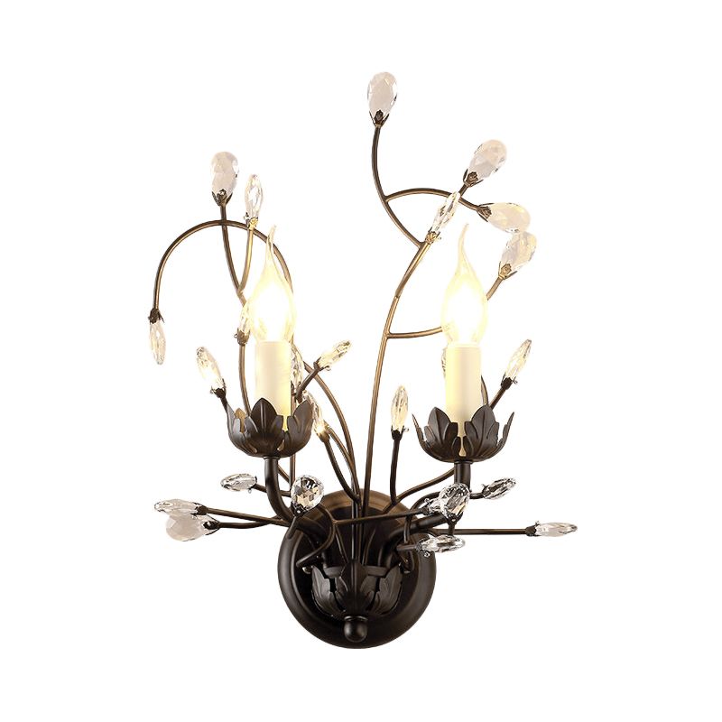 2-Bulb Candlestick Wall Light Fixture Minimalism Black Crystal Sconce Lamp with Branching Design