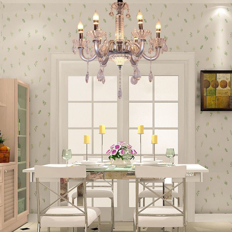 Candélabra suspendu lampe à cristal contemporain Drop 6/8 têtes 23,5 "/31,5" de large lustre de pendentif en argent de largeur