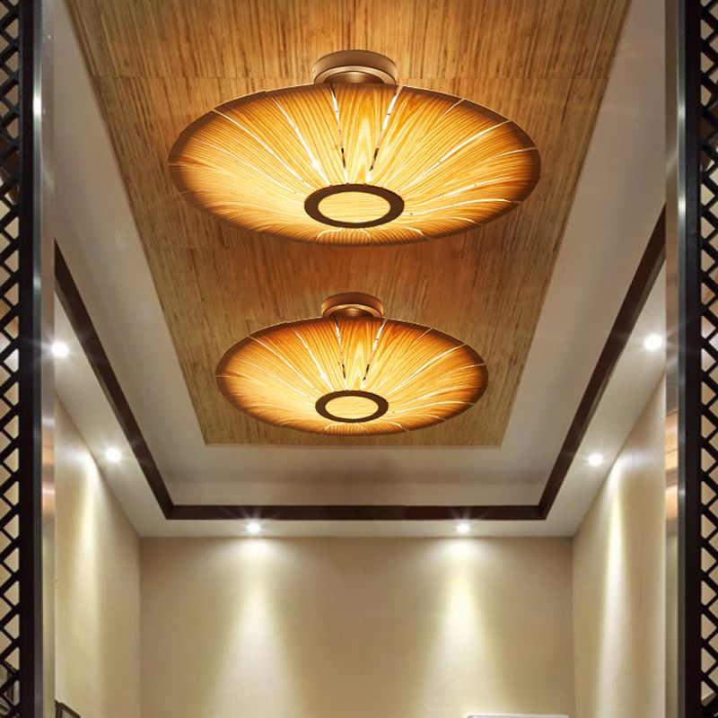 Simple Flush Mount Light Fixture Modern Ceiling Lamp with Wooden Shade for Sitting Room