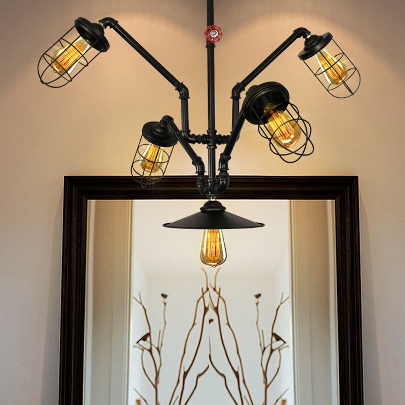 Abstract Pipe Living Room Pendant Vintage Metallic 5-Light Black Hanging Chandelier with Wire Cage